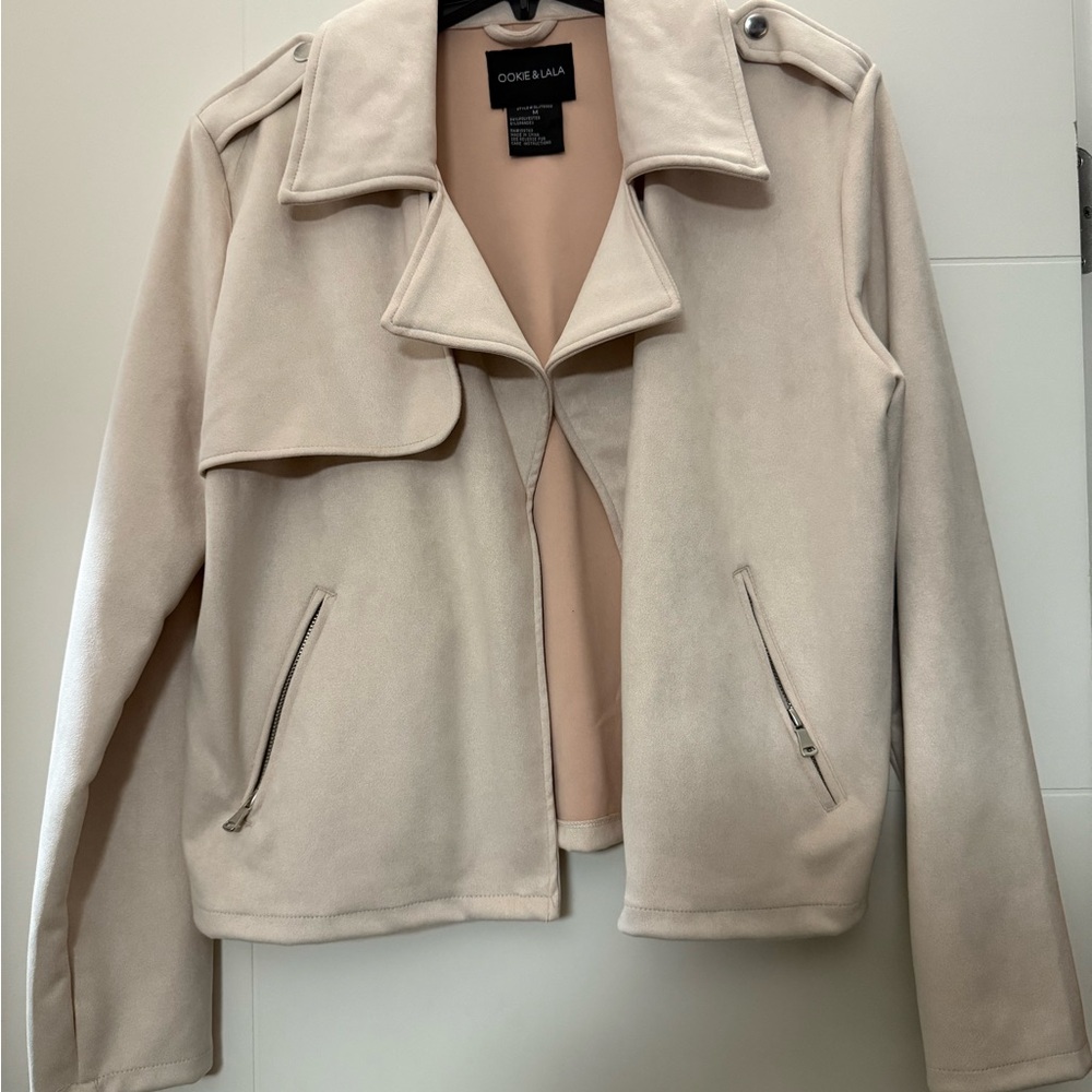 Cream Cropped Leather Jacket with Notched Collar